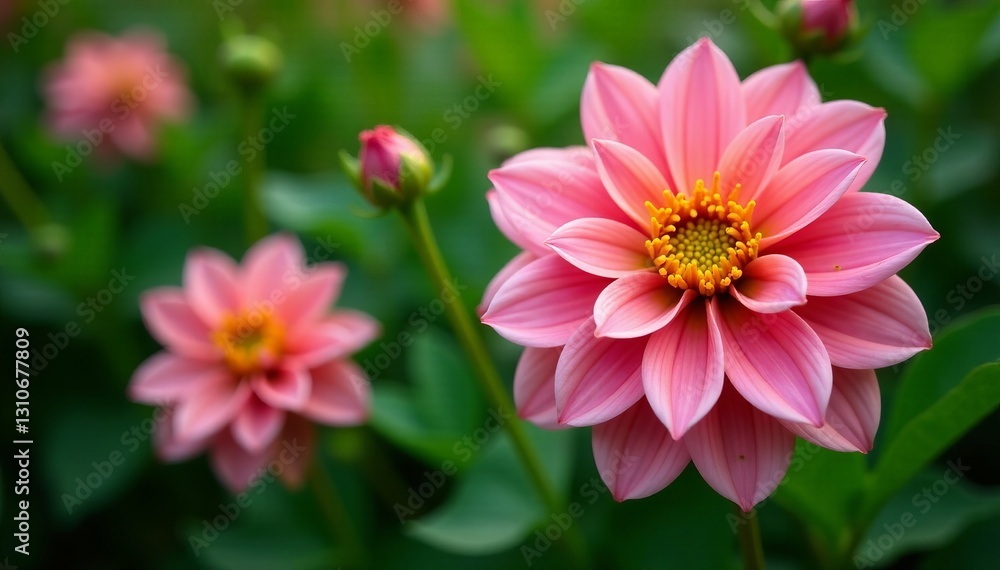 Beautiful pink and yellow dahlia flowers in full bloom against green leaves background, botanical, dahlia, garden Beautiful pink and yellow dahlia flowers in full bloom against green leaves background, botanical, dahlia, garden