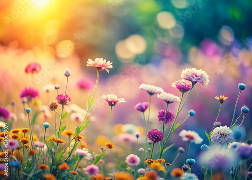 Minimalist Floral Line Drawing Landscape, Tilt-Shift Photography, Delicate Botanical Illustration