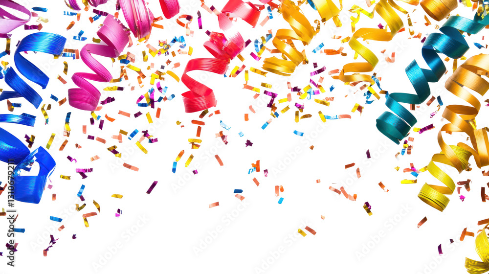 Fototapeta premium Colorful streamers and confetti create a festive atmosphere for celebrations and parties.