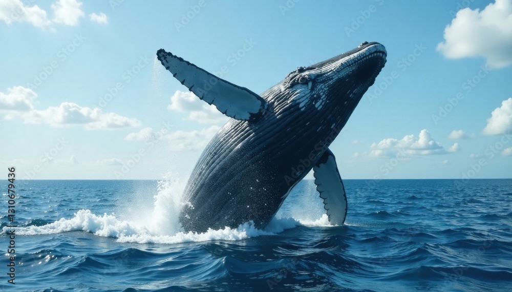 Fototapeta premium Colossal whale breaching ocean surface, whale, wave, silhouette
