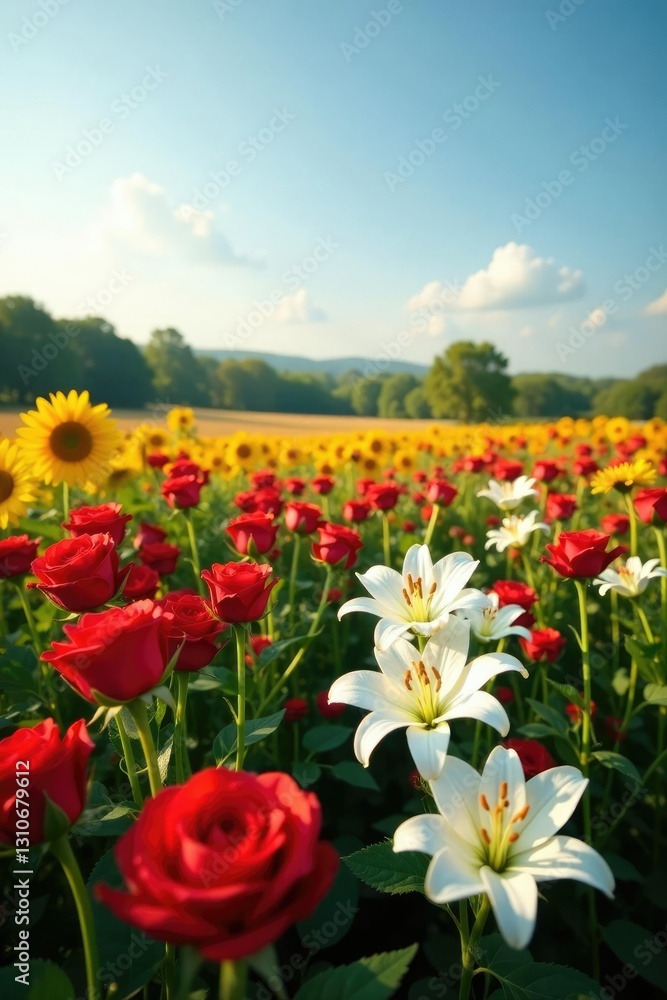 Field of red roses with white lilies and sunflowers, lilies, field Field of red roses with white lilies and sunflowers, lilies, field