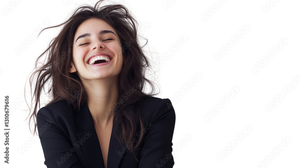 A cheerful young woman laughing with her hair flowing, showcasing joy and positivity. A cheerful young woman laughing with her hair flowing, showcasing joy and positivity.