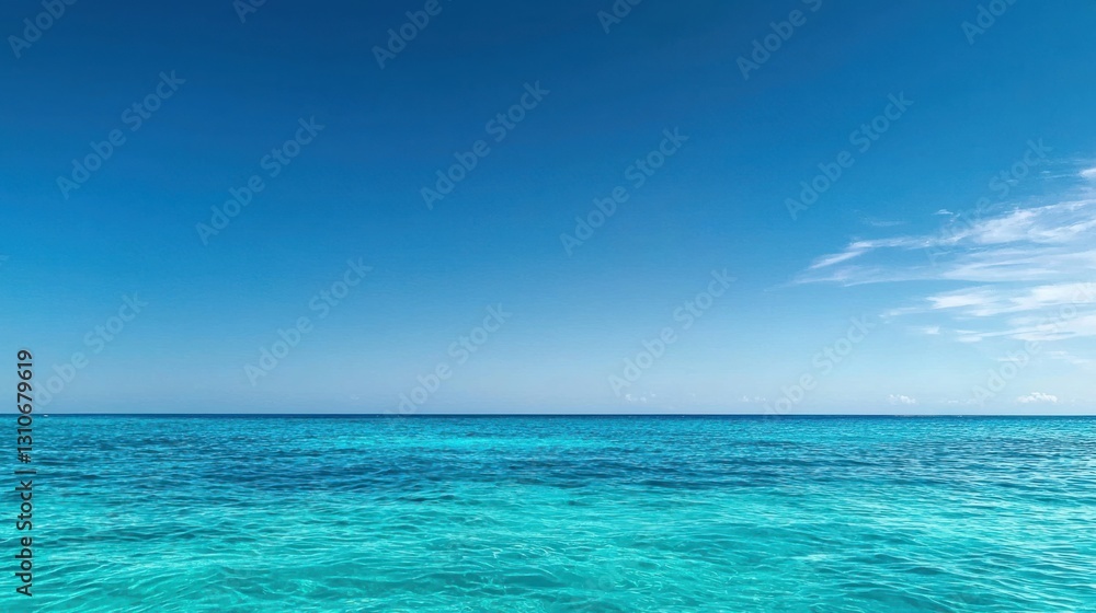 Obraz premium Vibrant Blue Ocean with Distant Boat Surrounded by Clear Sky and Calm Waves