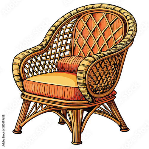 Generate a photorealistic image of a bold, contoured wicker patio chair, emphasizing its texture and intricate weave.  Show natural light and shadows.