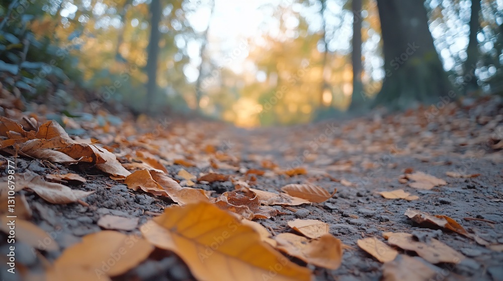 Autumn path strewn with fallen leaves, leading into a sunlit forest. Autumn path strewn with fallen leaves, leading into a sunlit forest.