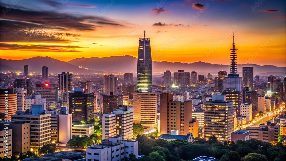 Obraz premium Minimalist Fukuoka City Skyline at Dusk: Japanese Urban Landscape