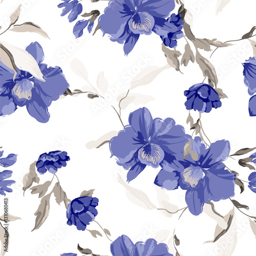 Floral seamless pattern features blue orchids and grey leaves on  white background. The flowers and leaves have a painterly, slightly abstract quality