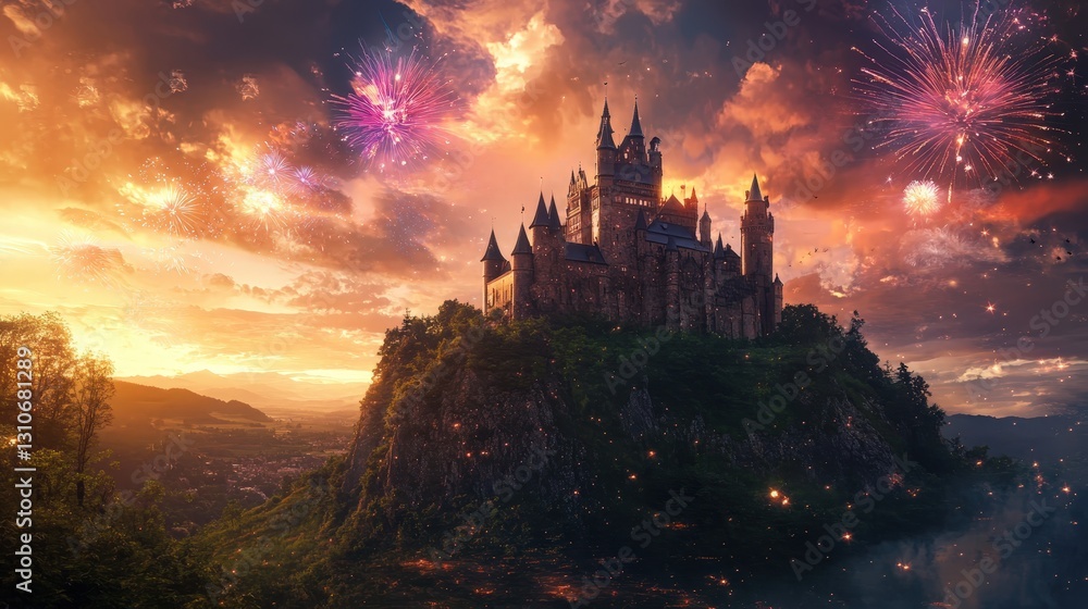 Fototapeta premium Castle on a Hill: A majestic castle stands proudly atop a verdant hill, illuminated by the vibrant colors of a sunset and the dazzling bursts of fireworks in the sky. 