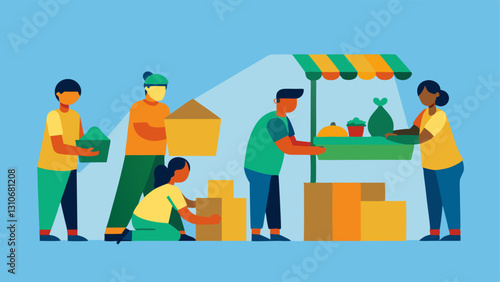 Street Vendors A group of people at a market packing up their goods as they prepare to leave their current location to seek better selling opportunities elsewhere.