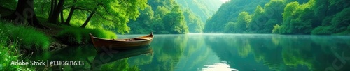 Lush greenery surrounding a small wooden boat on the lake, reflections, greenery