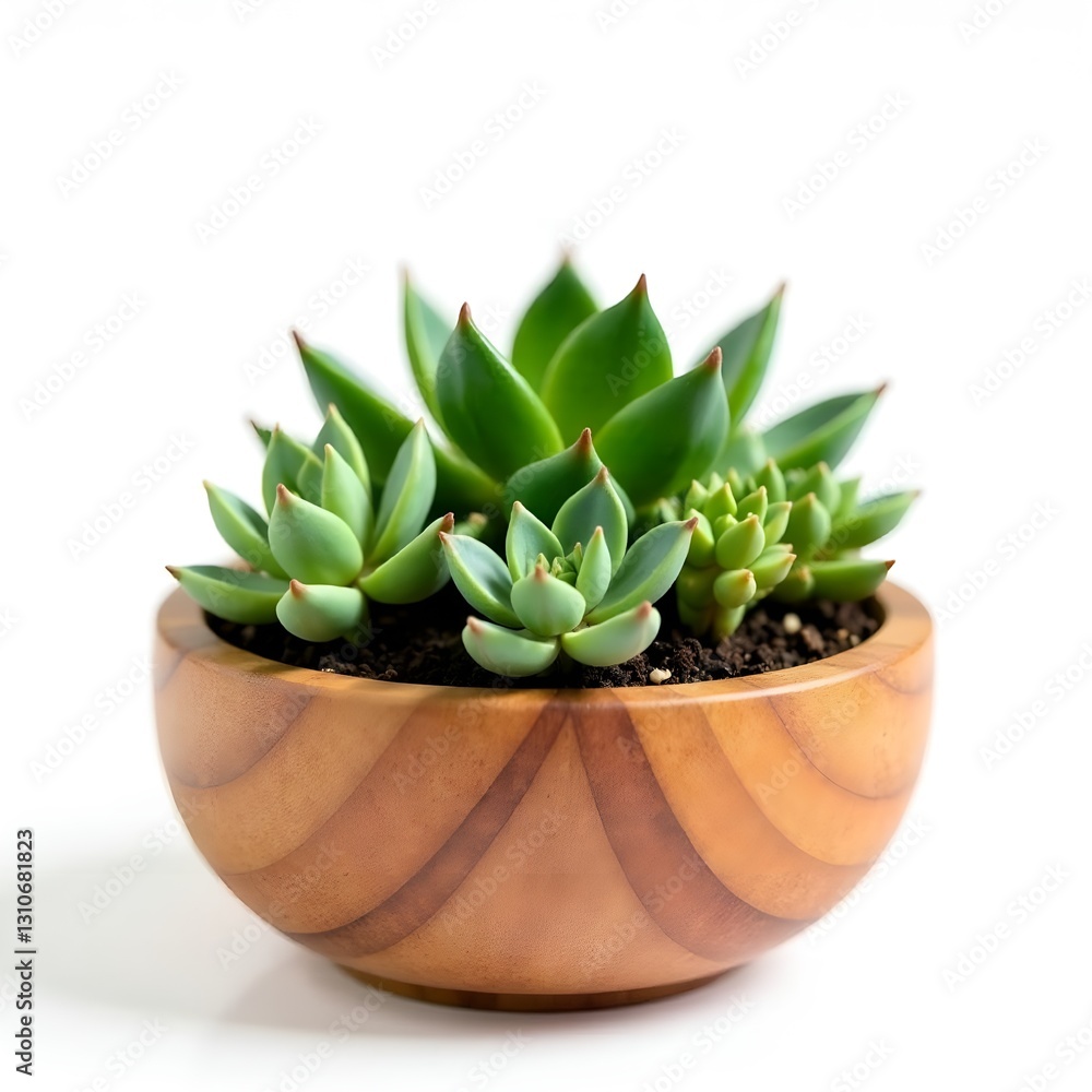 wooden flowerpot with green succulents on white background wooden flowerpot with green succulents on white background