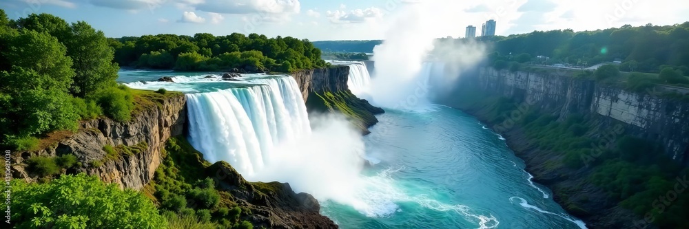 Breathtaking bird's eye view of iconic Niagara Falls surrounded by lush greenery, greenery, view, waterfall Breathtaking bird's eye view of iconic Niagara Falls surrounded by lush greenery, greenery, view, waterfall