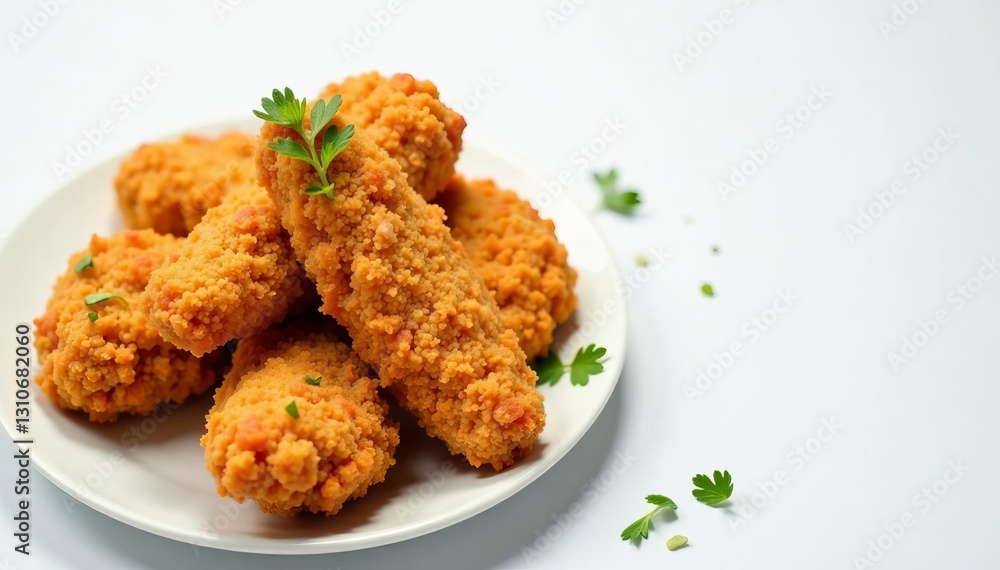 Breaded fried chicken breast pieces on a clean white surface, meal, lunch, gourmet Breaded fried chicken breast pieces on a clean white surface, meal, lunch, gourmet