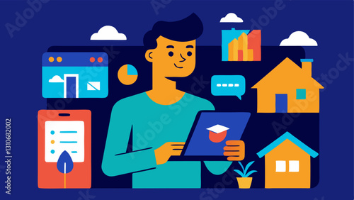 Real Estate Portfolio An illustrated character browsing a digital portfolio on their tablet which showcases different properties they own complete with pictures and income
