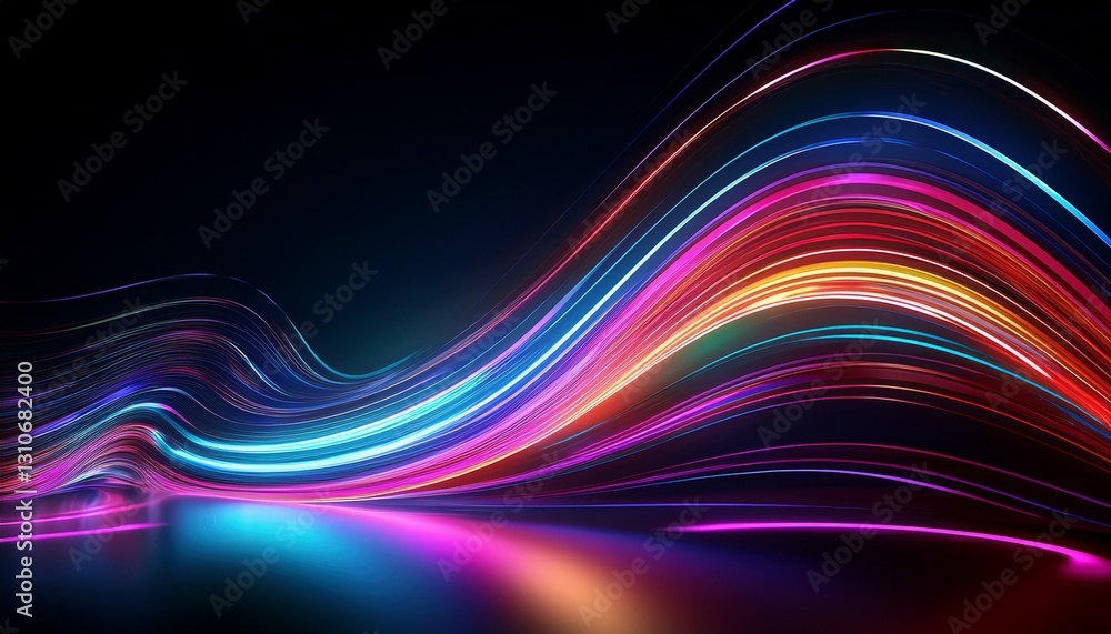 Naklejka premium abstract curve light trails colorful luminous long exposure motion shape high speed light streaks effects on black reflection floor background