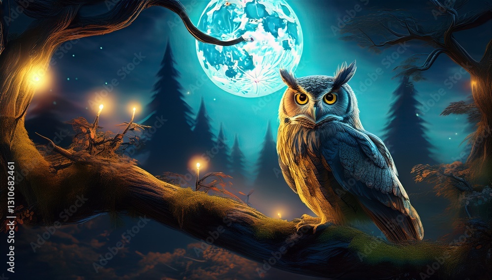 Fototapeta premium majestic owl perched on a tree branch under a glowing full moon surrounded by a mystical forest