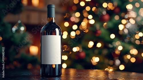 Wine bottle with blank label, Christmas tree, lights, holiday scene, cozy