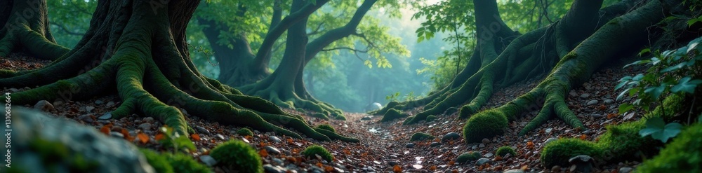 Dark forest with twisted tree roots and ancient stones, dark, forest Dark forest with twisted tree roots and ancient stones, dark, forest