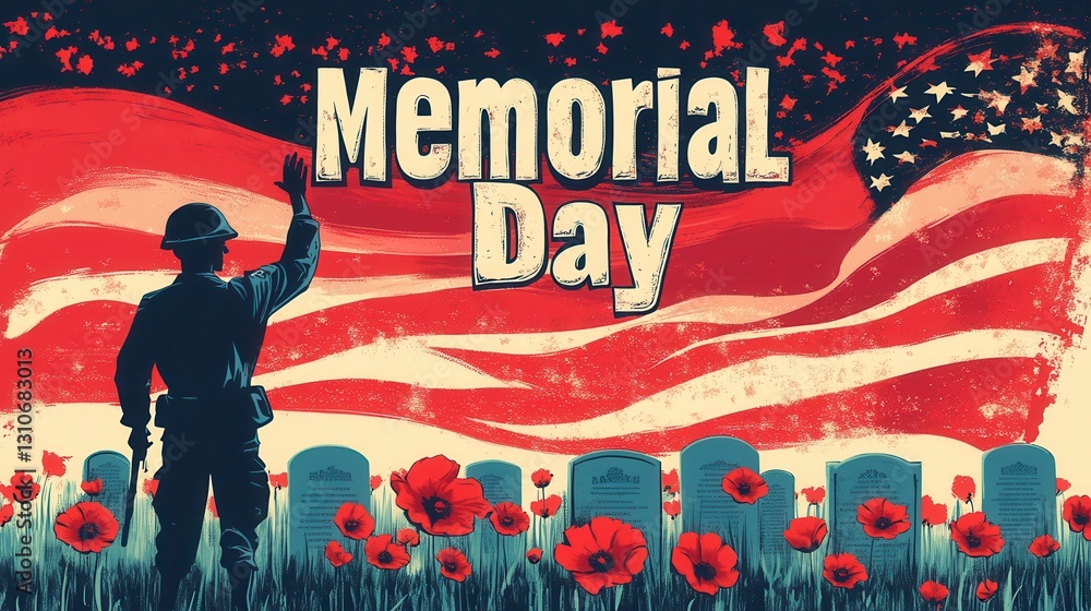 Obraz premium A patriotic Memorial Day poster with a waving U.S. flag, saluting soldiers, white gravestones, and red poppies. A heartfelt tribute to fallen heroes.