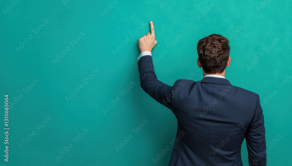 Businessman pointing to a green wall with a pen. Businessman pointing to a green wall with a pen.