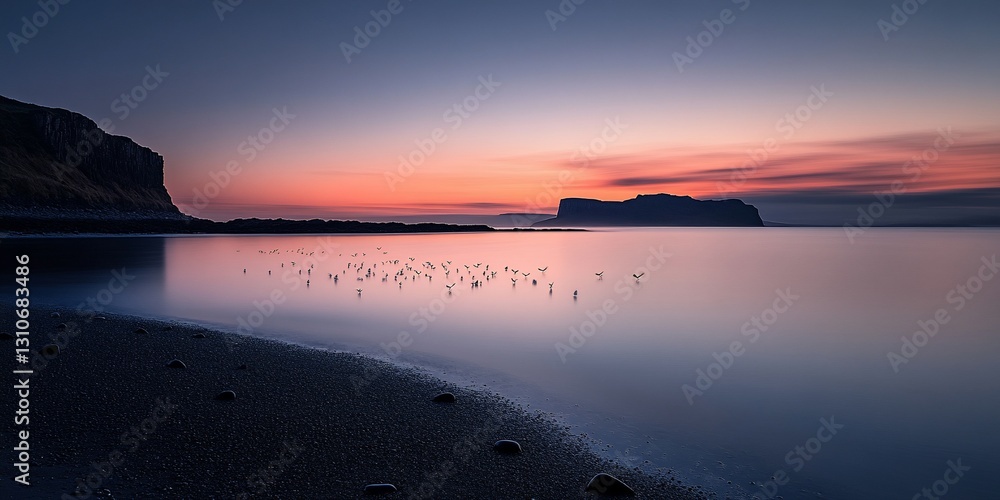 Fototapeta premium Serene sunrise over a calm bay with birds and cliffs.