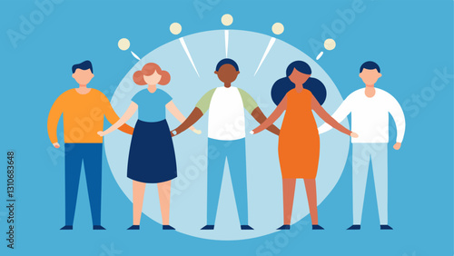 Supportive Community A diverse group of individuals stands together holding hands in solidarity. They are depicted within a circle of light symbolizing the support and strength