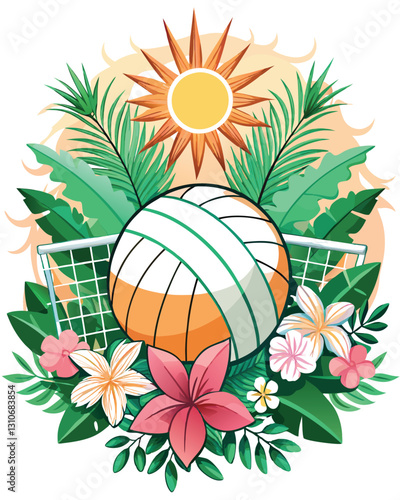 Dynamic action shot of a volleyball player powerfully spiking the ball over the net, with a vibrant tropical-themed burst effect.