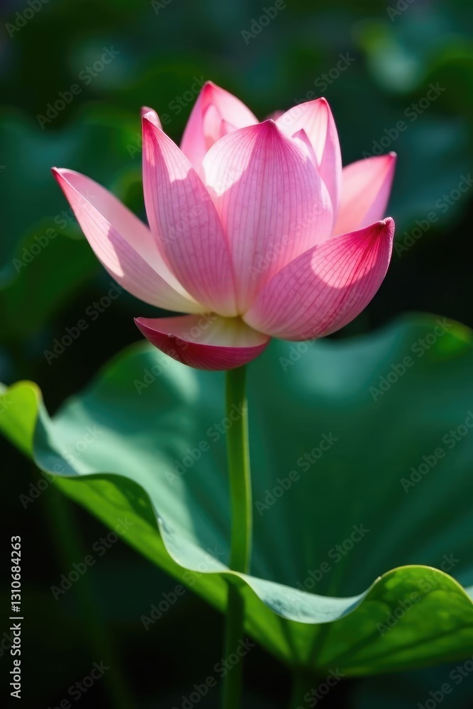 Soft pink petals unfolding on a green leaf stem, water, botanical, organic Soft pink petals unfolding on a green leaf stem, water, botanical, organic