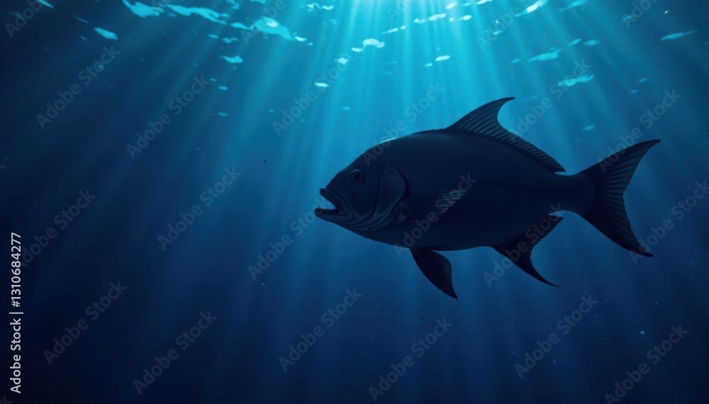 Obraz premium Deep-sea fish silhouette on dark blue background, deep sea, fish, silhouette