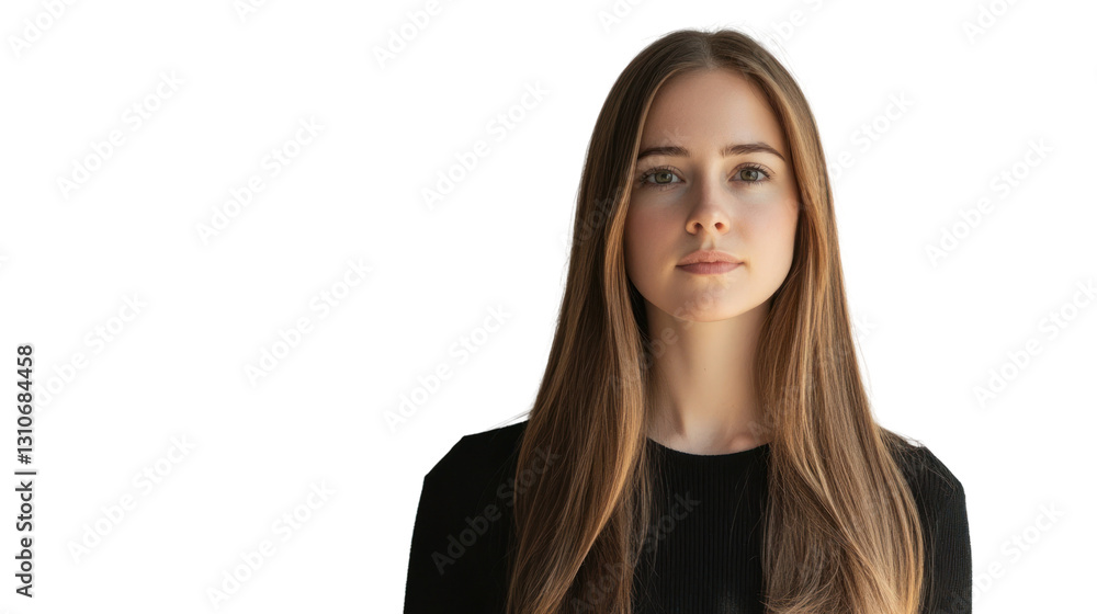 A young woman with long hair, looking confidently at the camera against a white background. A young woman with long hair, looking confidently at the camera against a white background.