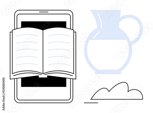 Open book overlaps smartphone screen representing digital learning. Minimalist vase and cloud suggest creativity, knowledge, and innovation. Ideal for education, technology, online courses, e-books