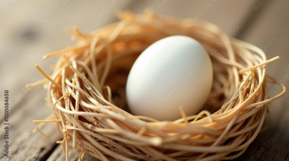 A single, pristine white egg nestled gently within a delicate, woven straw bird's nest, resting on a rustic wooden surface A single, pristine white egg nestled gently within a delicate, woven straw bird's nest, resting on a rustic wooden surface