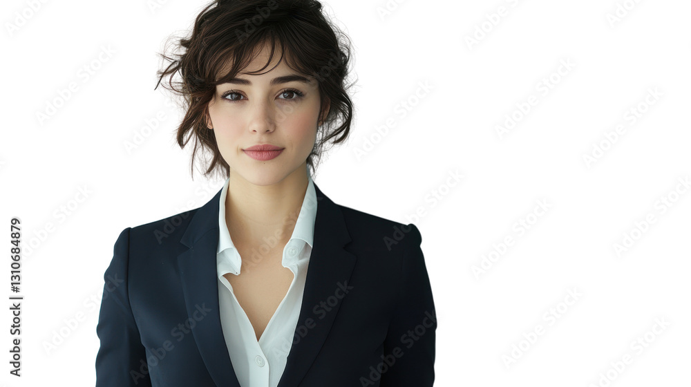 Confident young woman in a professional suit, exuding determination and poise, isolated on a white background. Confident young woman in a professional suit, exuding determination and poise, isolated on a white background.