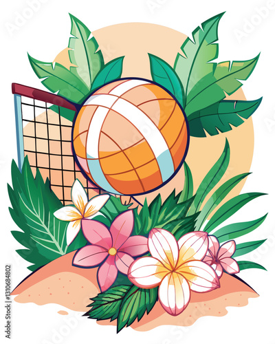 Dynamic action shot of a volleyball player spiking the ball over the net, vibrant tropical background with sunburst effect.