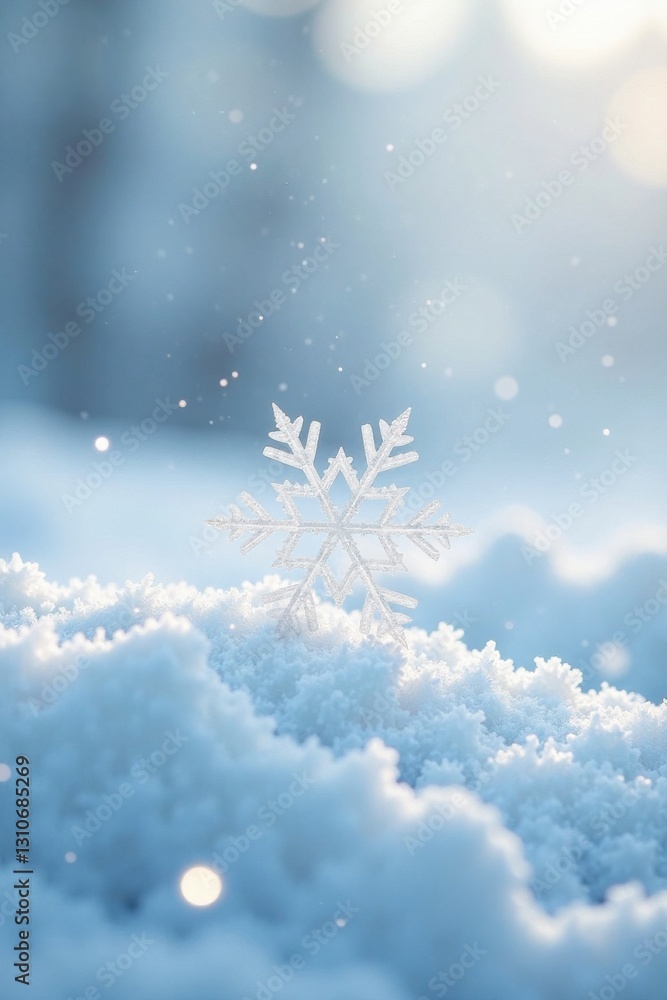 Delicate snowflake gently falls on a white surface, winter wonderland, snowflake details, winter scenery Delicate snowflake gently falls on a white surface, winter wonderland, snowflake details, winter scenery
