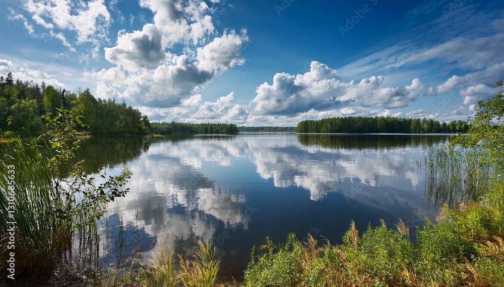 Fototapeta premium serene lake landscape reflecting a beautiful cloudy sky on a sunny summer day