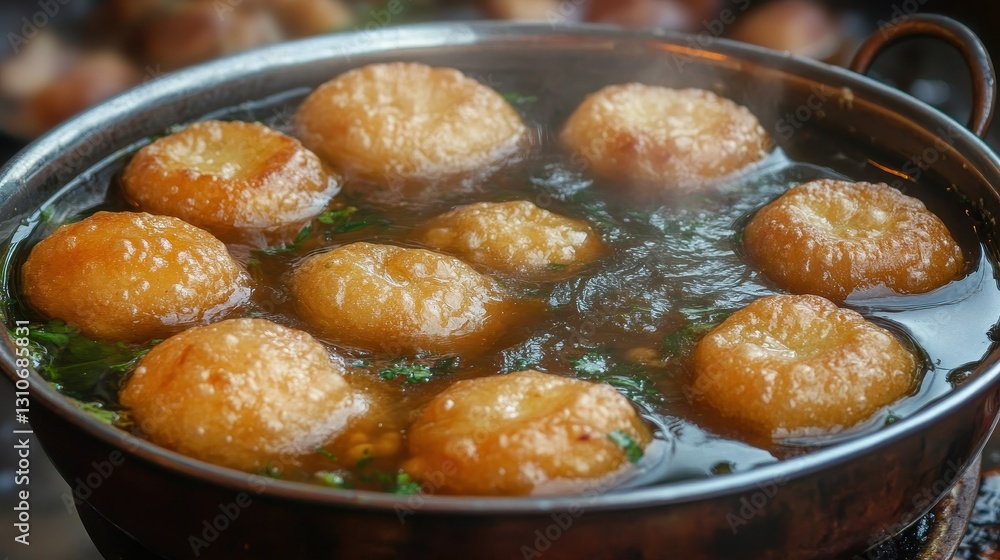 Crispy Golden Dumplings in Hot Spicy Broth with Fresh Herbs Crispy Golden Dumplings in Hot Spicy Broth with Fresh Herbs