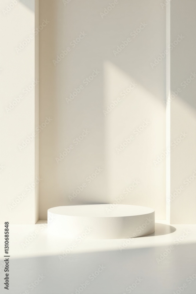 A minimalist white cylindrical platform bathed in soft sunlight against a clean, off-white backdrop, ideal for showcasing products or designs A minimalist white cylindrical platform bathed in soft sunlight against a clean, off-white backdrop, ideal for showcasing products or designs