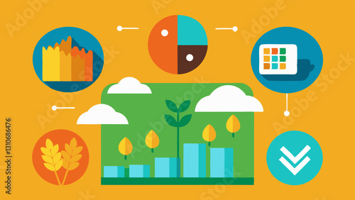 Investment Portfolio with Crop Images An open investment portfolio featuring images of various crops farmland and sustainable farming practices juxtaposed with stock market charts