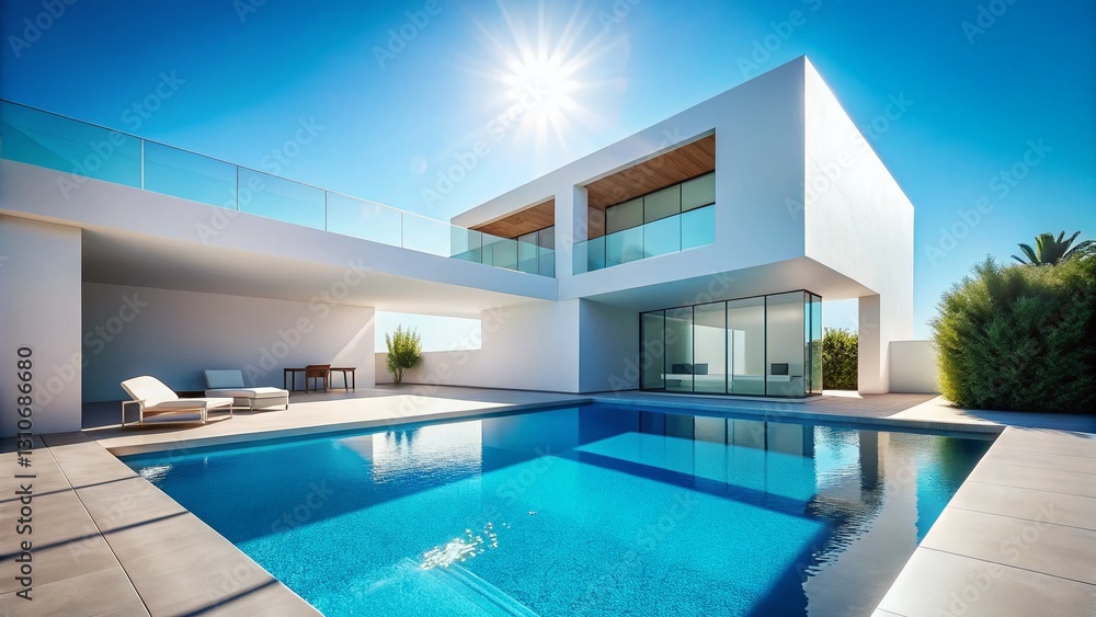 Fototapeta premium Minimalist Modern House with Pool: Clean Lines & Summer Serenity
