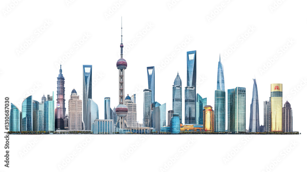 A panoramic skyline of modern skyscrapers with a striking architectural design against a white background. A panoramic skyline of modern skyscrapers with a striking architectural design against a white background.