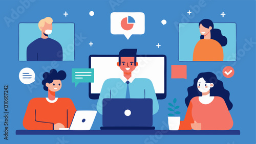 Remote Team Collaboration A virtual meeting scene where team members in finance are interacting through screens depicting the rise of remote work influenced by automation tools.