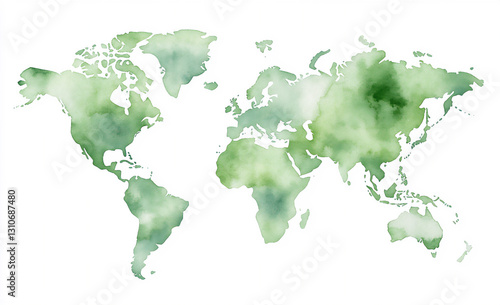world map, watercolor painting in shades of pastel green and blue,