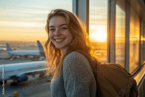 Happy young woman with backpack at airport terminal window, sunset view. Free Download Happy young woman with backpack at airport terminal window, sunset view. - GFXLoad