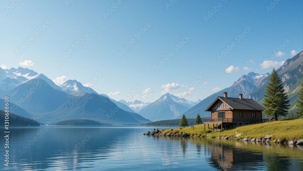 Fototapeta premium Wooden house in side of lake with beautiful mountain scenery