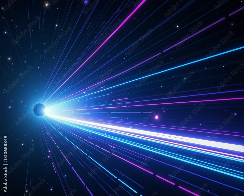 Naklejka premium A vibrant depiction of light beams radiating from a central point in a dark cosmic space, showcasing a blend of blue and purple hues.