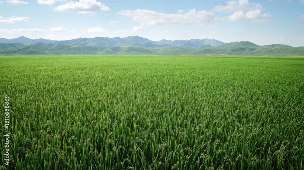 Serene Rice Paddy Field with Mountain Background Serene Rice Paddy Field with Mountain Background