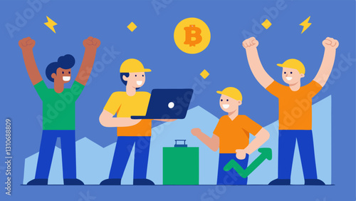Mining Success Celebration A group of miners celebrating their successful mining of a block with graphics displaying increasing digital currency values on their laptop screens.
