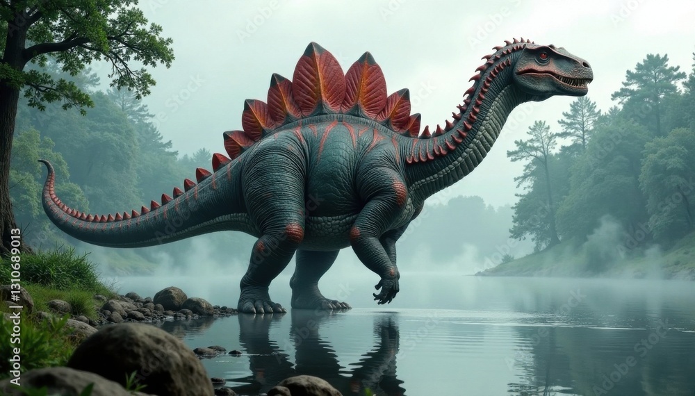 Obraz premium Enormous Spinosaurus near riverbank with misty atmosphere, spinosaurus, foggy, silhouette