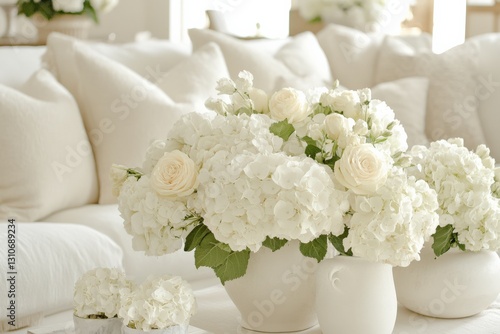 Beautiful Arrangement of White Hydrangeas and Roses in Elegant Living Room with Soft Upholstered Furniture and Cozy Atmosphere